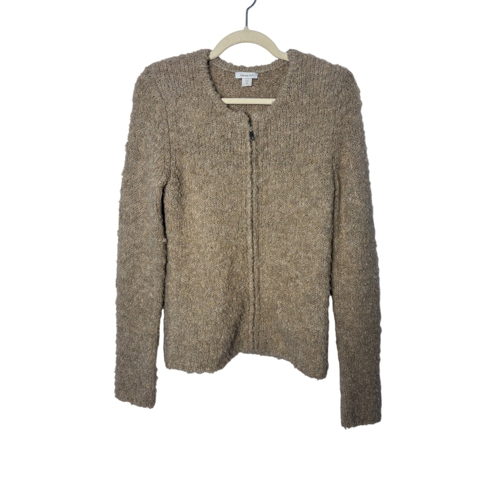 Garnet Hill Womens Cardigan XS Brown‎ Mohair Wool Zip Up Fuzzy Minimalist Cozy
